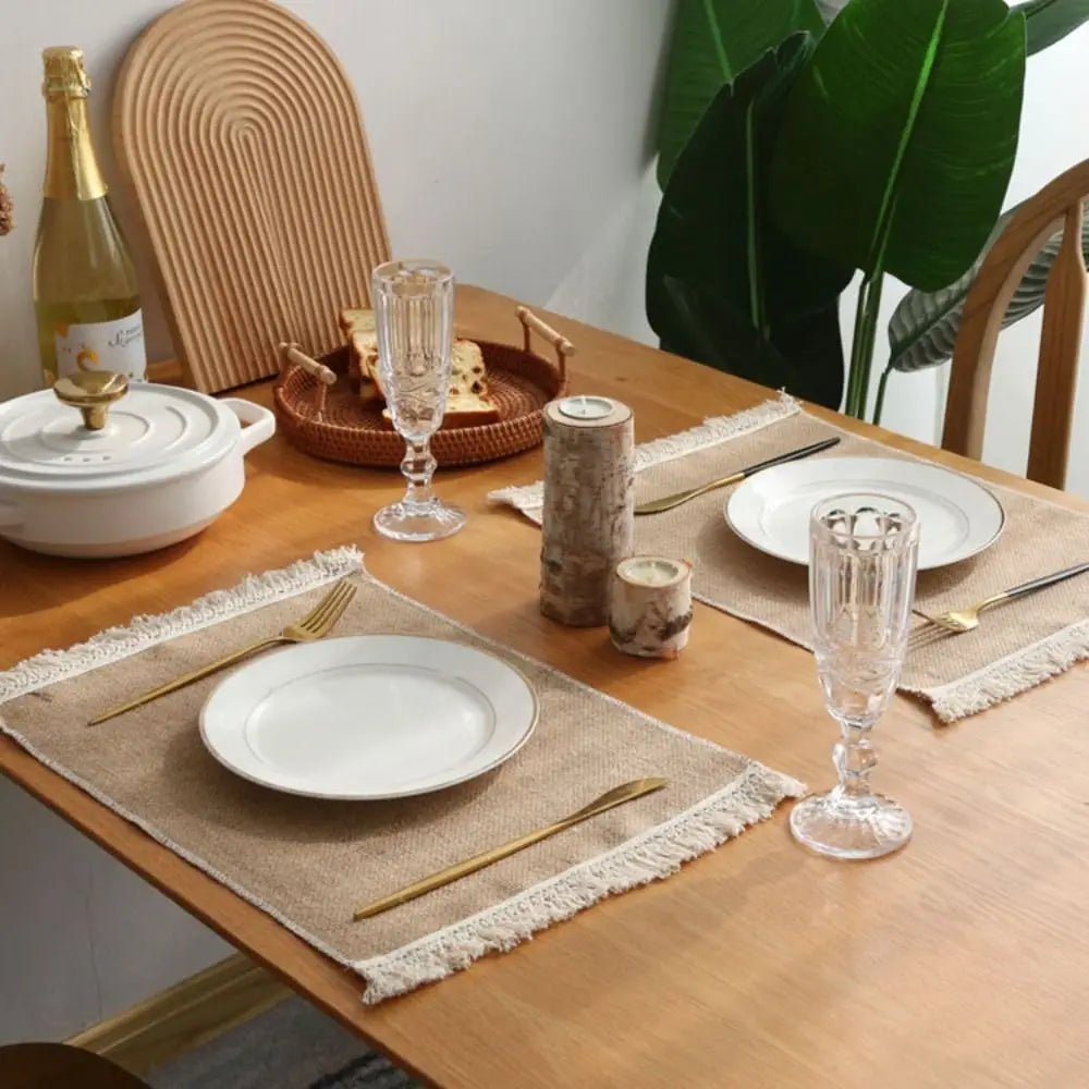 1 unidad de manteles individuales cuadrados creativos para mesa de comedor con encaje, de yute natural. Manteles individuales para mesa de comedor y cocina. Decoración de mesa de yute color caqui.