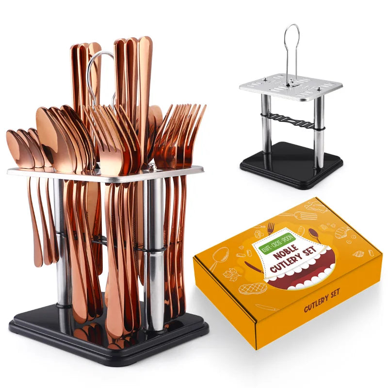 Juego de cubiertos de acero inoxidable de 24 piezas con mango de cerámica y diseño de martillo (cuchillo, tenedor y cuchara). Juego de cubiertos de viaje.