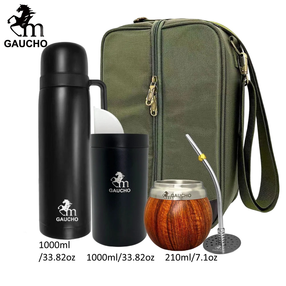 1 juego/lote de kits de viaje Gaucho Yerba Mate. Incluye termo de acero inoxidable, calabazas, bombilla, pajita y lata de té.