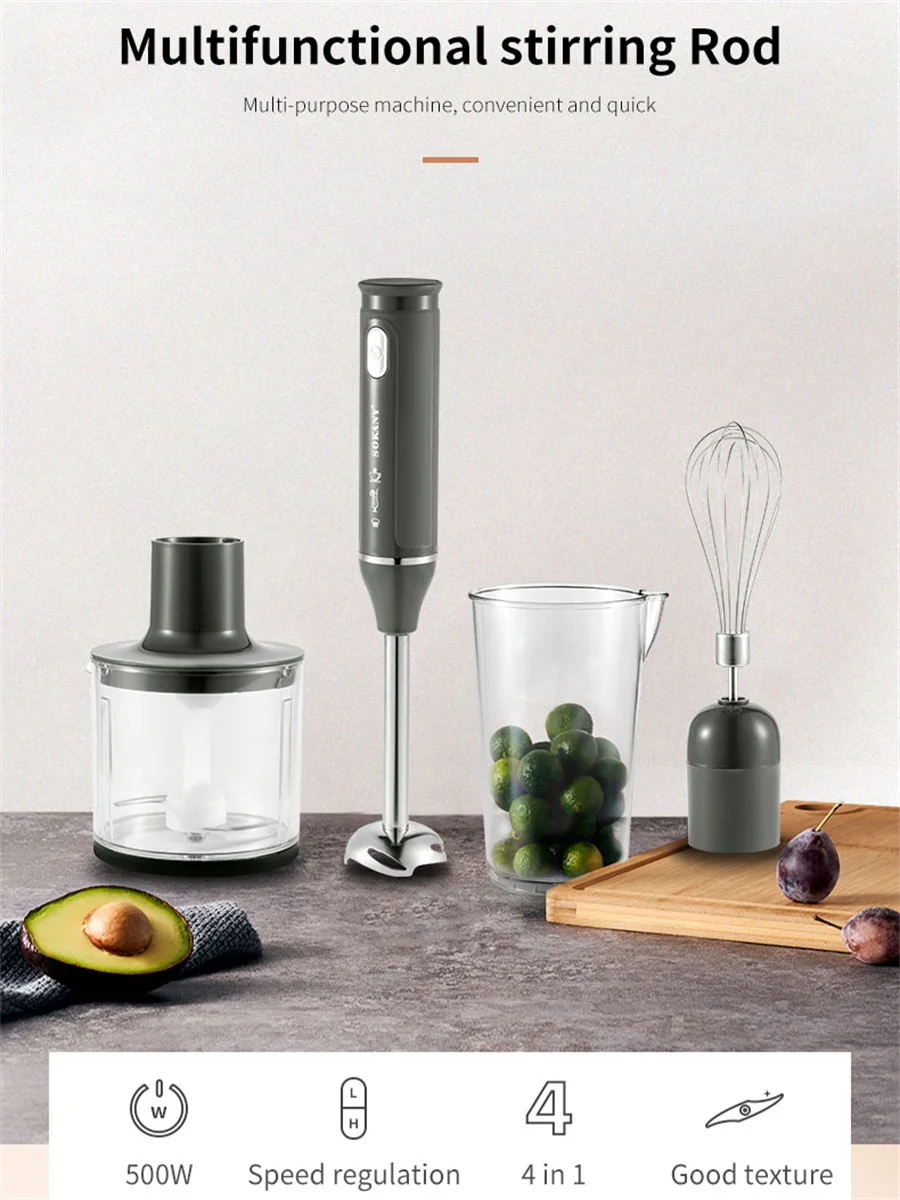Juego de batidora de mano 4 en 1, que incluye batidora de mano multifunción, batidor de varillas, picadora y vaso medidor, adecuado para el procesamiento de alimentos y batidos.
