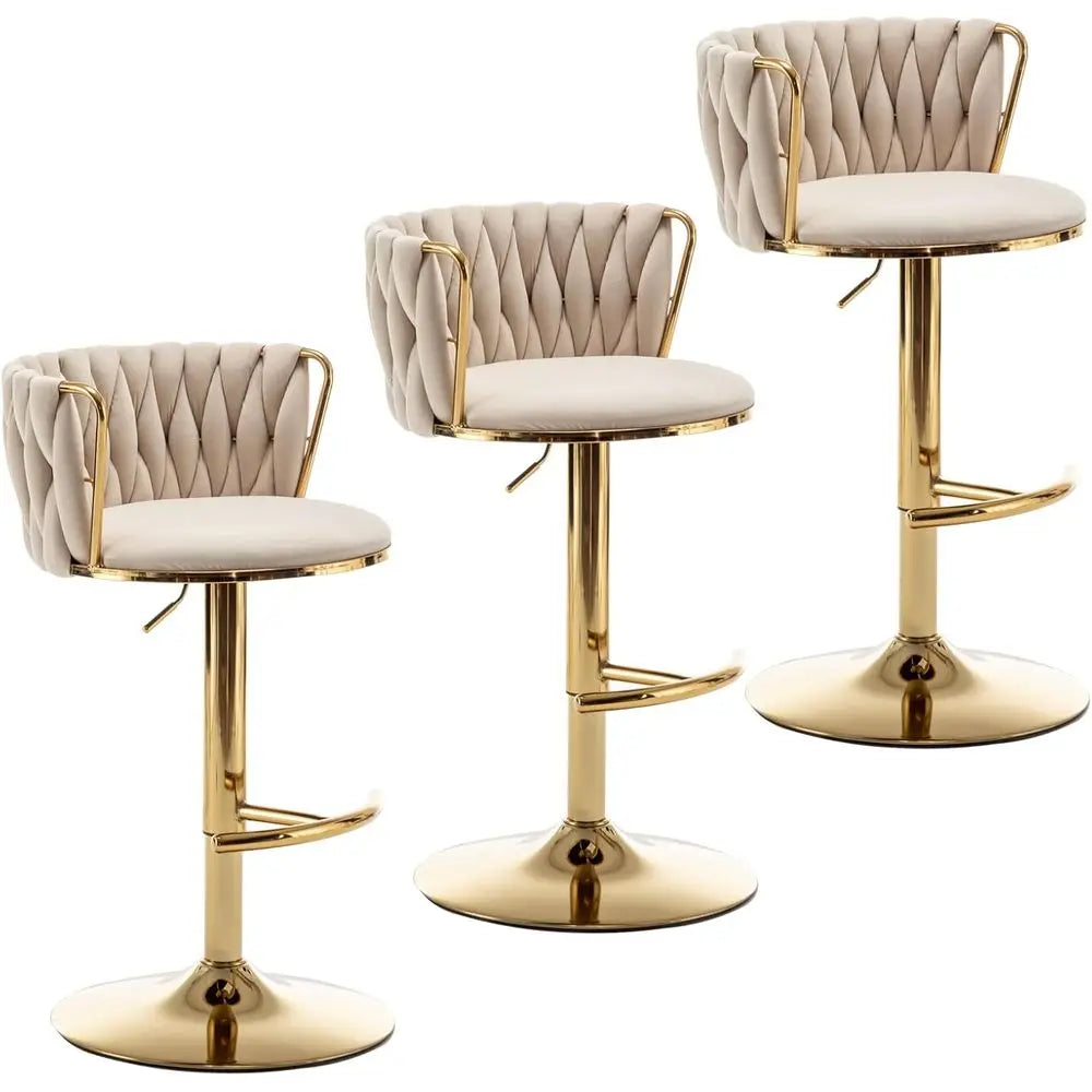 Juego de 3 taburetes giratorios de terciopelo beige, altura ajustable para mostrador con respaldo, ideales para isla de cocina, pub, personalizados.