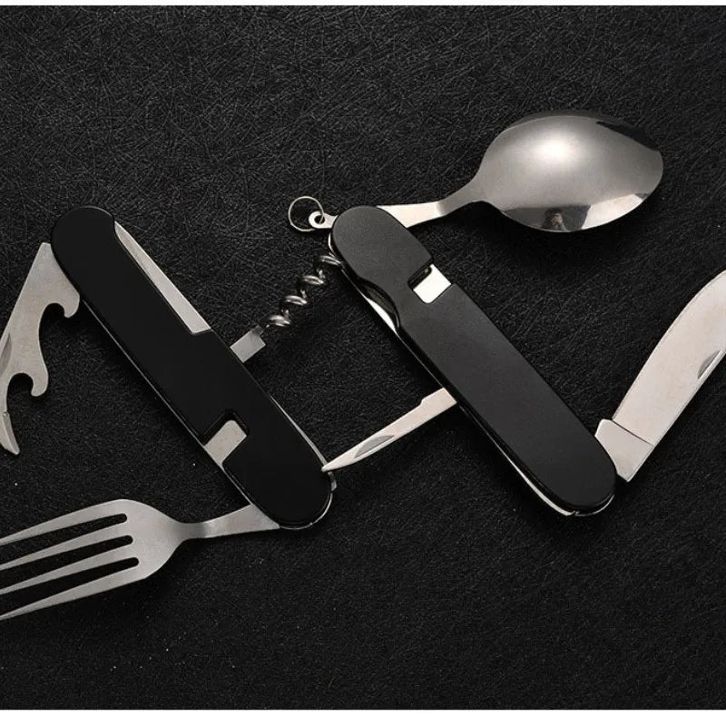 Juego de cucharas soperas 4 en 1: cuchara plegable, cuchillo, tenedor, abridor de botellas, acero inoxidable, kit de bolsillo plegable, vajilla para exteriores.