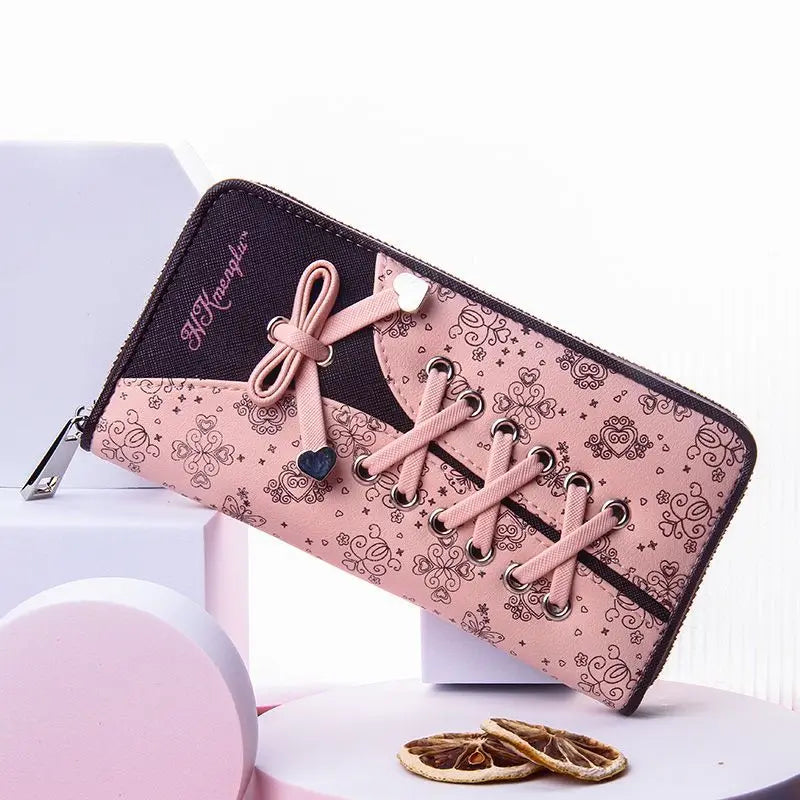 Cartera japonesa lolita para mujer, estilo casual, larga, de gran capacidad, con lazo, plegable, con tres compartimentos, linda y dulce, para tarjetas.