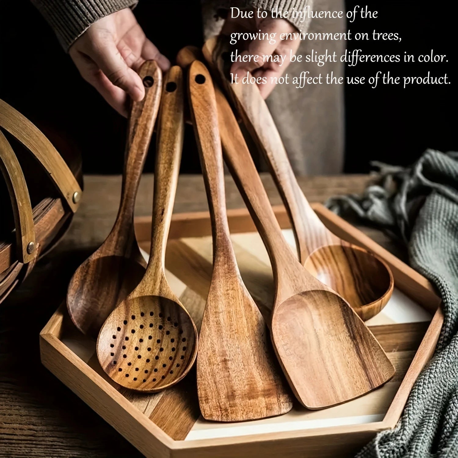 Juego de 5 utensilios de cocina de madera, cucharas de madera natural, espátula para sartén antiadherente, cucharón de cocina y espátulas para wok.