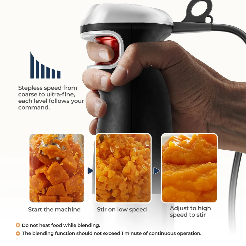 Batidora de mano eléctrica 6 en 1, batidora de inmersión multiusos, cuchillas de acero inoxidable, para el hogar y la cocina, potencia máxima de 1500 W.