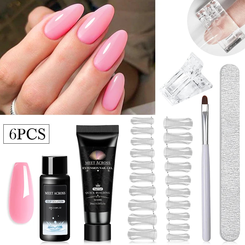 MEET ACROSS Kit de gel para extensión de uñas de 20 ml, gel duro de construcción rápida, acrílico, cristal blanco nude, esmalte de uñas de gel UV.