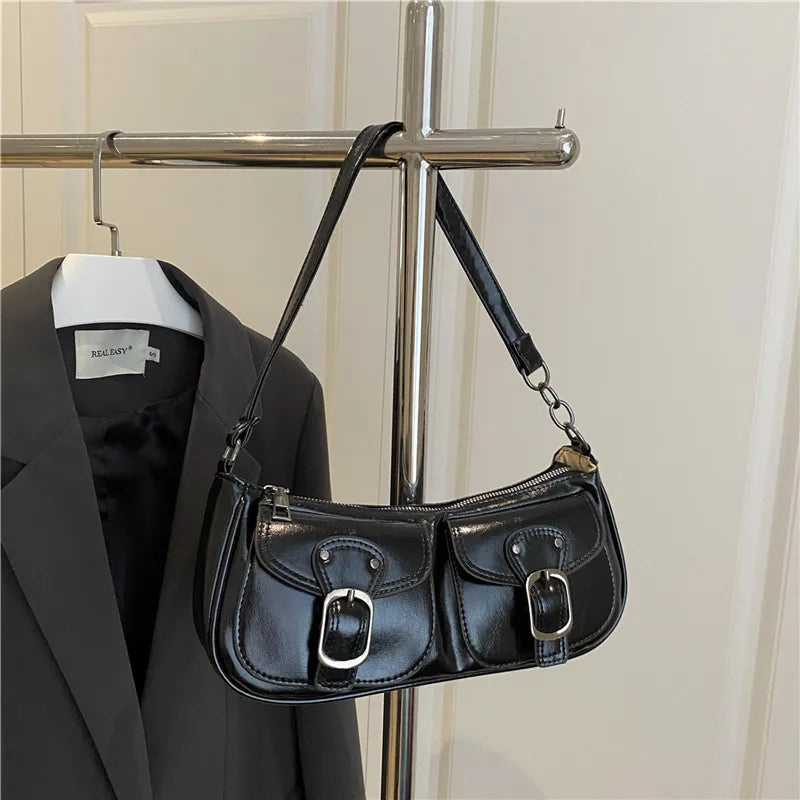 Bolso baguette de piel sintética: bolso de mano con dos bolsillos y bandolera para mujer | Colección otoño/invierno 2025, color liso, estilo vintage Y2K