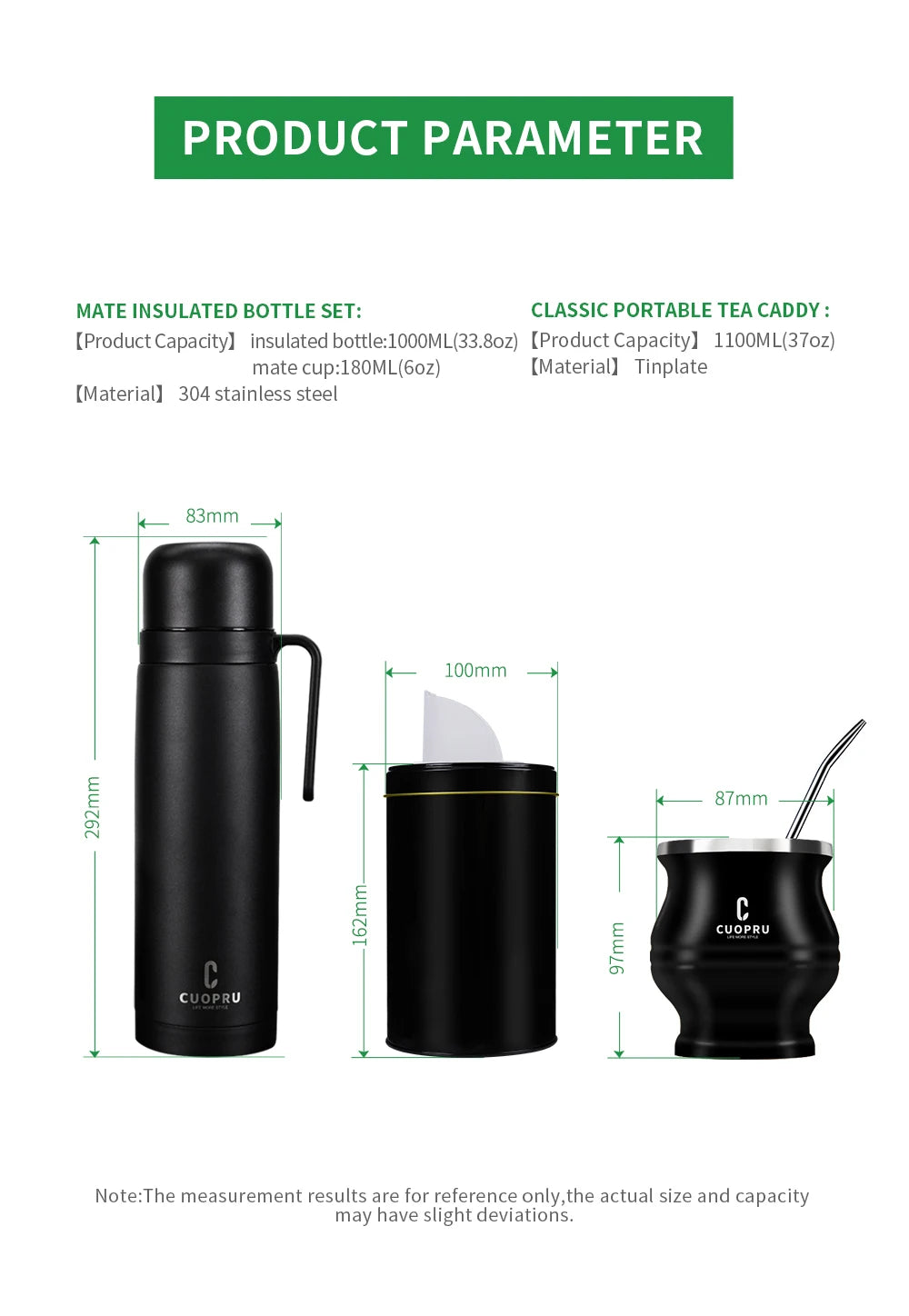 Kit completo de  mate negro: taza moderna de acero inoxidable para mate, termo, recipiente para yerba, juego de moldes para té, bombilla y pajita.