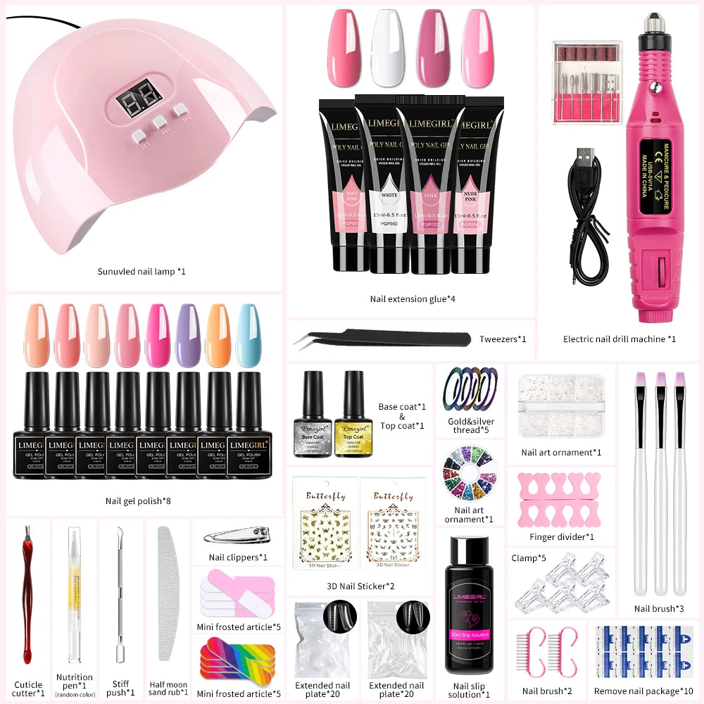 Kit de esmaltes de uñas en gel UV LIMEGIRL con lámpara UV y máquina perforadora, base y capa superior para manicura, esmalte de uñas en gel, kit acrílico de fácil remoción.