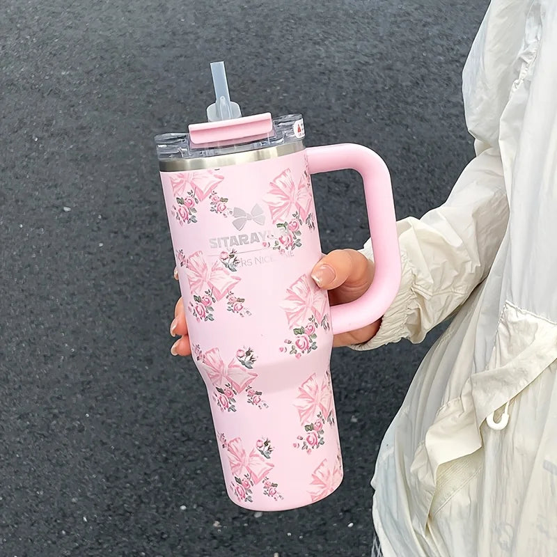 Vaso térmico de acero inoxidable con aislamiento al vacío de 900 ml con estampado floral y pajita, ideal para mantener las bebidas frías. Regalo de cumpleaños para mujeres.