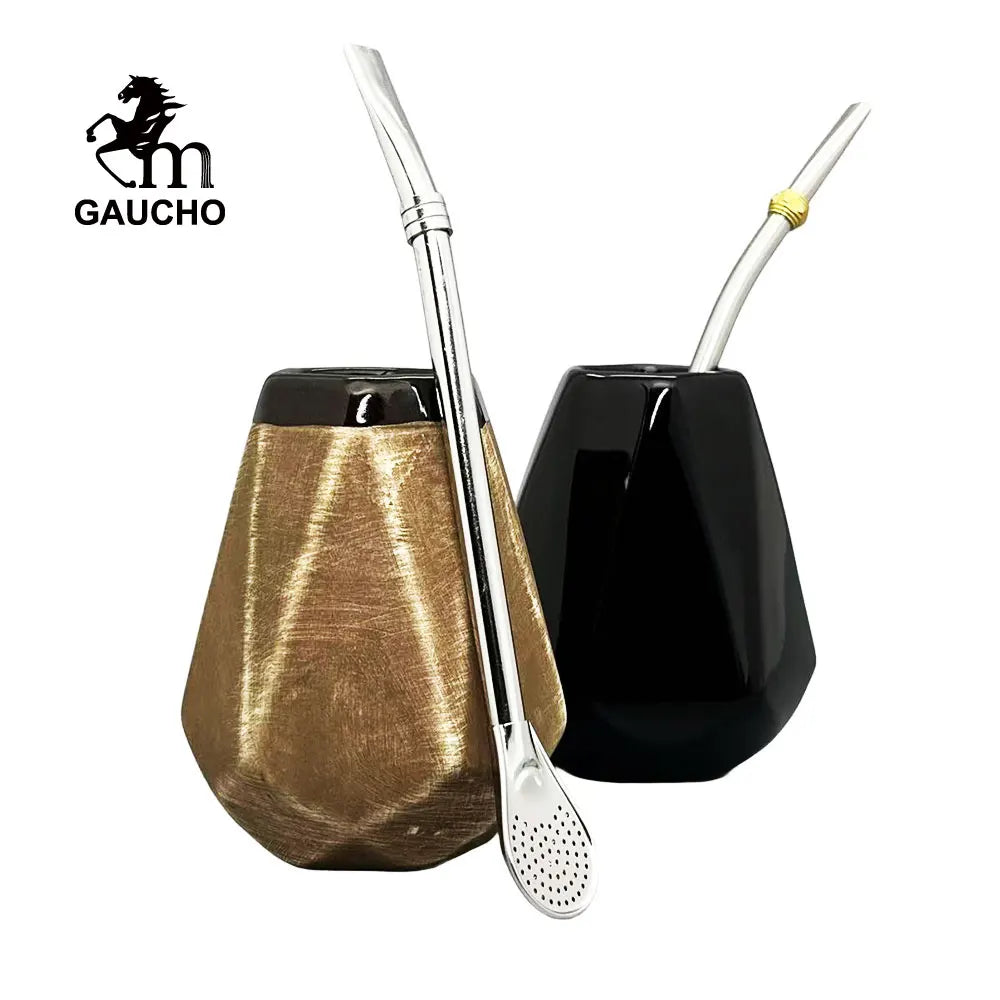 Taza de cerámica Gaucho Yerba Mate de 250 ml con filtro de acero inoxidable, pajita, bombilla y cepillo de limpieza. Venta al por mayor de artículos de té en Argentina.