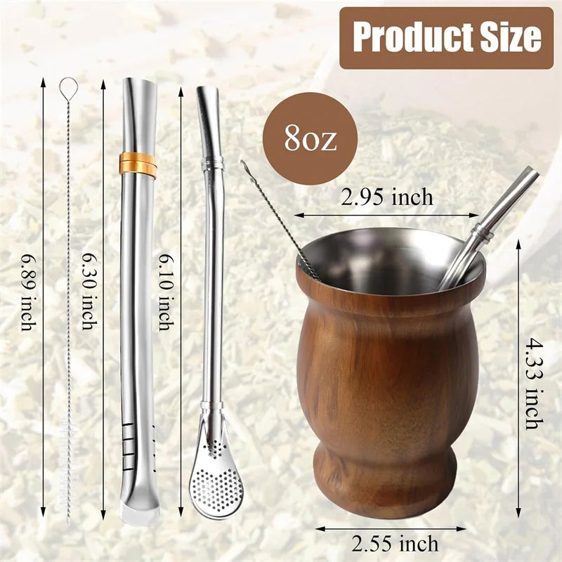 Mate de 8 oz, doble pared de acero inoxidable 304, taza con aislamiento térmico, 2 pajitas y cepillo de limpieza para bebidas.