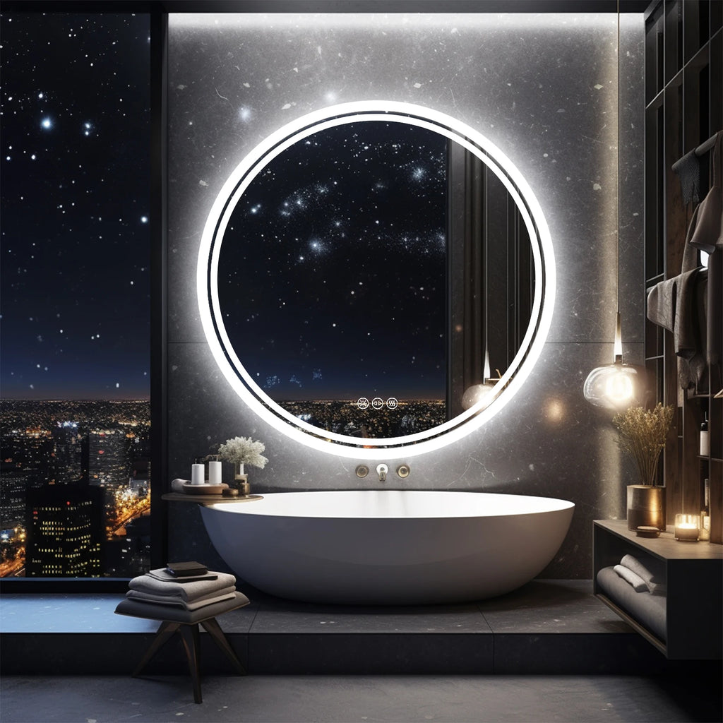 Espejo de baño con luces LED circulares retroiluminadas, espejo iluminado de pared, antivaho, 3 colores, IP65, regulable.