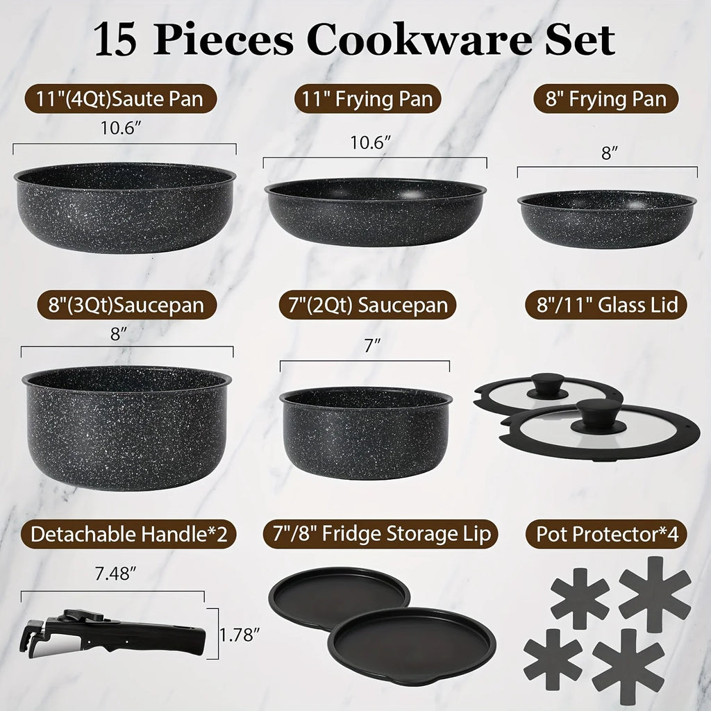 Juego de 15 ollas y sartenes antiadherentes, juegos de utensilios de cocina con mango desmontable, juego de cocina antiadherente para vehículos recreativos con mangos extraíbles,
