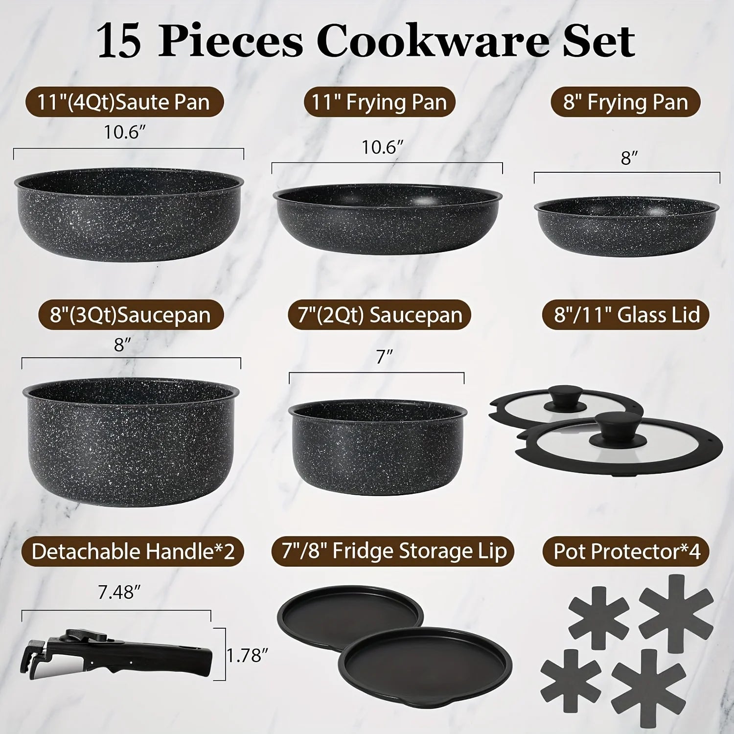 Juego de 15 ollas y sartenes antiadherentes, juegos de utensilios de cocina con mango desmontable, juego de cocina antiadherente para vehículos recreativos con mangos extraíbles,