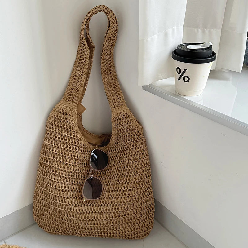 Bolsos de hombro de ratán para mujer, bolsos de mano tejidos para mujer, bolsos de paja de gran capacidad para la playa de verano, bolsos de mano informales.