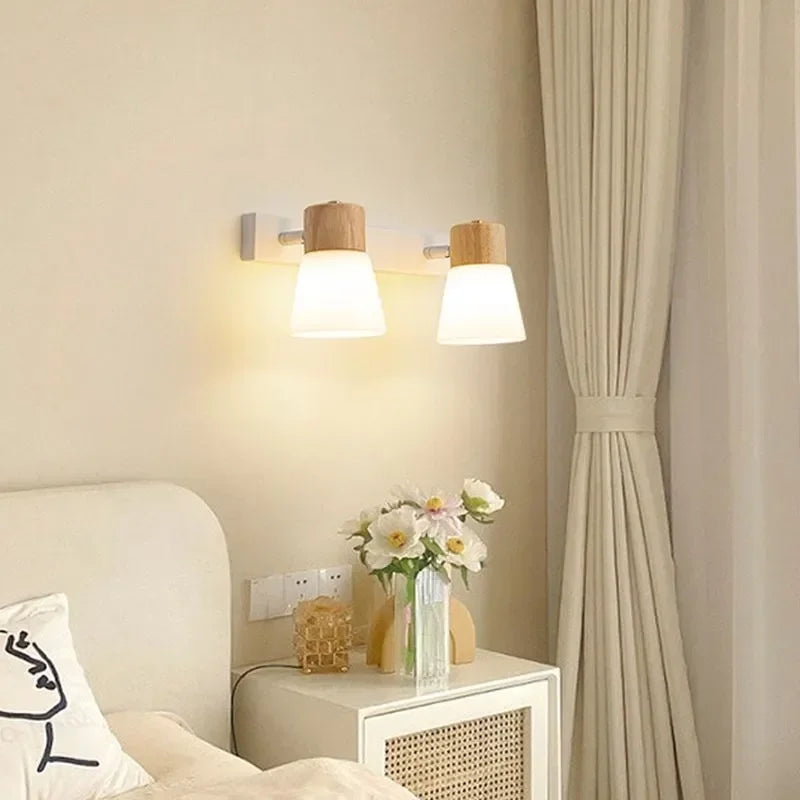 Lámpara de pared minimalista de madera para dormitorio, lámpara de noche de cristal con doble cabezal, luminarias creativas para pasillos.