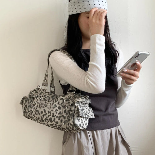 Bolso de mano estilo Boston Casual Messenger con remaches de leopardo vintage para motocicleta, bolso bandolera para mujer, bolso de hombro de moda para mujer, bolsos tote