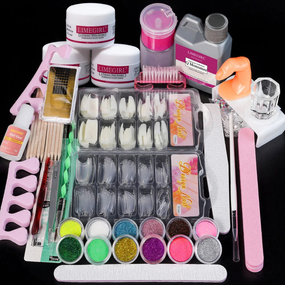 Polvo acrílico para uñas y monómero líquido para decoración de uñas, kit de manicura, purpurina de cristal para uñas, puntas de uñas 3D, herramientas para esculpir uñas