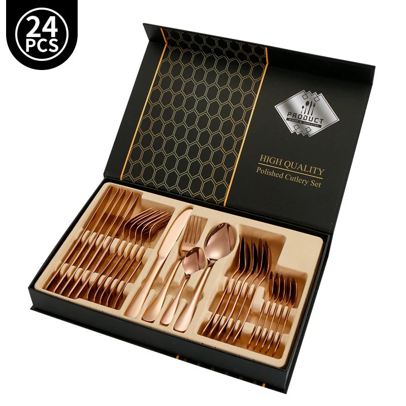 Juego de vajilla dorada de 24 piezas, lujo ligero, acero inoxidable, cubiertos, tenedor, cuchillo, cuchara, vajilla minimalista con caja de regalo.