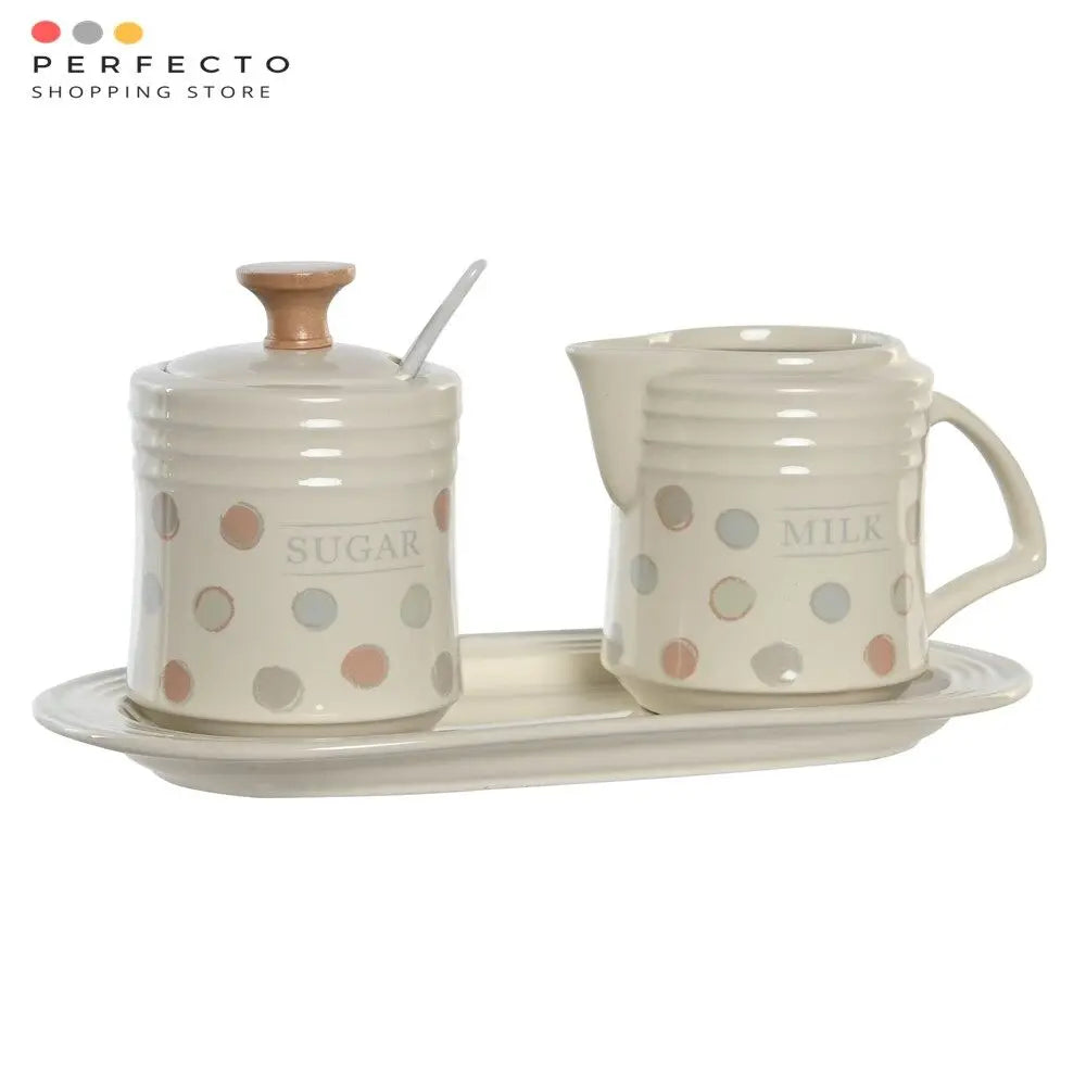 Juego de azucarero con taza de leche, gres color beige, accesorio de mesa de cocina, 24x12.5x2, tapas beige