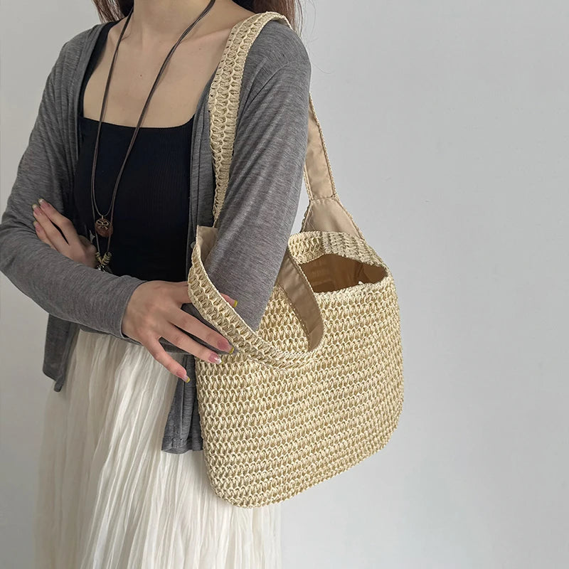 Bolsos de hombro de ratán para mujer, bolsos de mano tejidos para mujer, bolsos de paja de gran capacidad para la playa de verano, bolsos de mano informales.