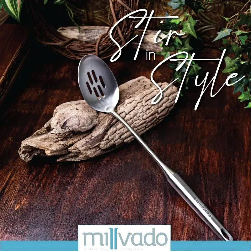 Utensilio para cocinar, servir y mezclar. Herramienta de cocina. Cuchara de cocina ranurada de acero inoxidable. Colador de metal grande para chef.
