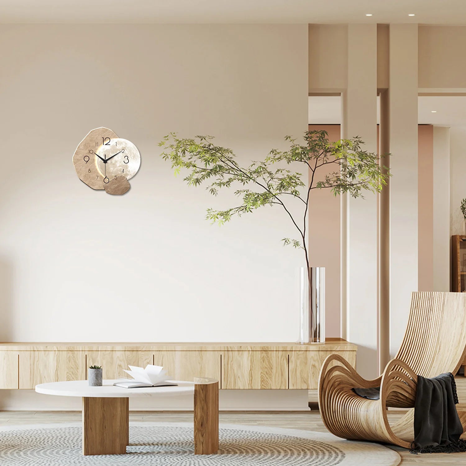 Reloj de pared moderno, sencillo y silencioso, con diseño de luna, movimiento de cuarzo y fabricado en madera, ideal para la decoración de dormitorios, salas de estar u oficinas.