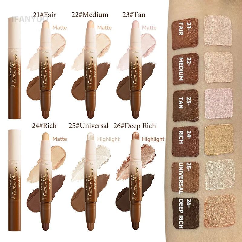 Barra de contorno de doble punta, iluminadora y sombra en crema, resistente al agua, corrector de cobertura total, acabado natural, maquillaje para todo tipo de piel.