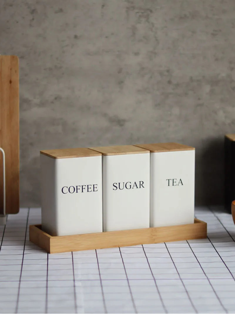 Recipiente para granos de café con tapa de bambú, estilo sencillo, tarros de metal para té, café y azúcar, lata de té, utensilios de cocina.
