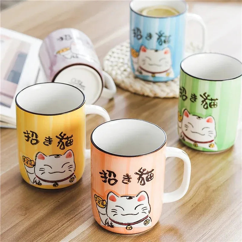 Taza de cerámica con diseño de gato de la suerte japonés, vaso de agua de alta capacidad para el hogar, la cocina y la oficina, ideal para café o té (400 ml).