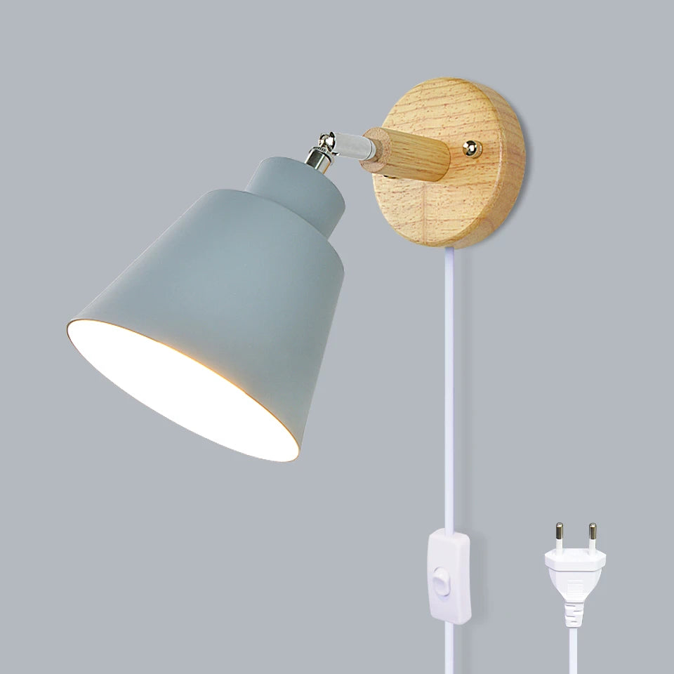 Aplique de pared nórdico para interiores, bricolaje, E27, madera, 6 colores, enchufe EU/UL, 350°, lámparas de pared para sala de estar, dormitorio, pasillo, apliques.