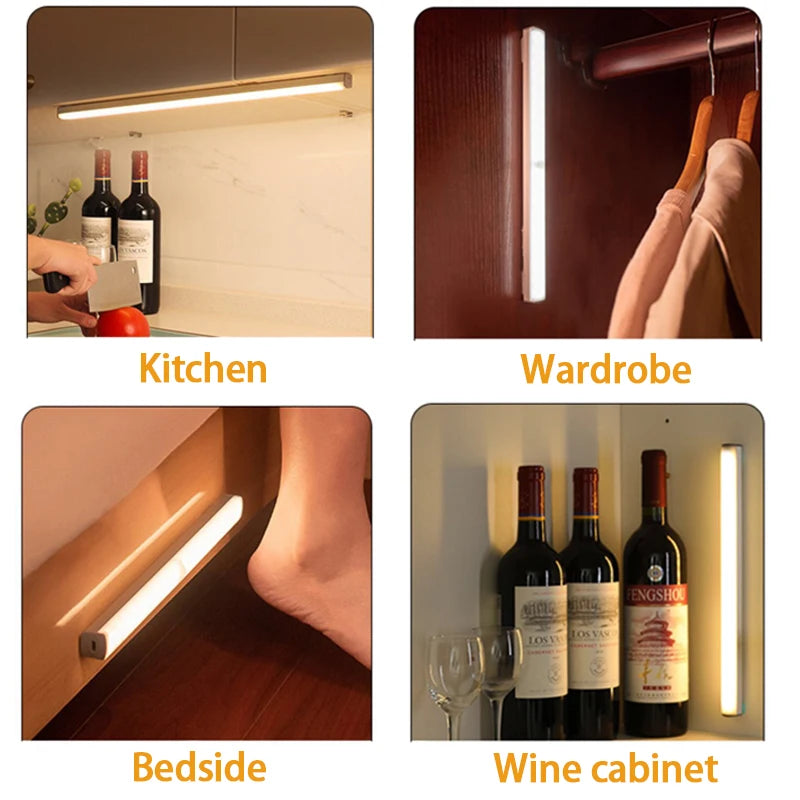 Luz con sensor de movimiento, luz nocturna LED inalámbrica, luz recargable tipo C, lámpara para armario, lámpara de armario, retroiluminación de escalera para cocina LED