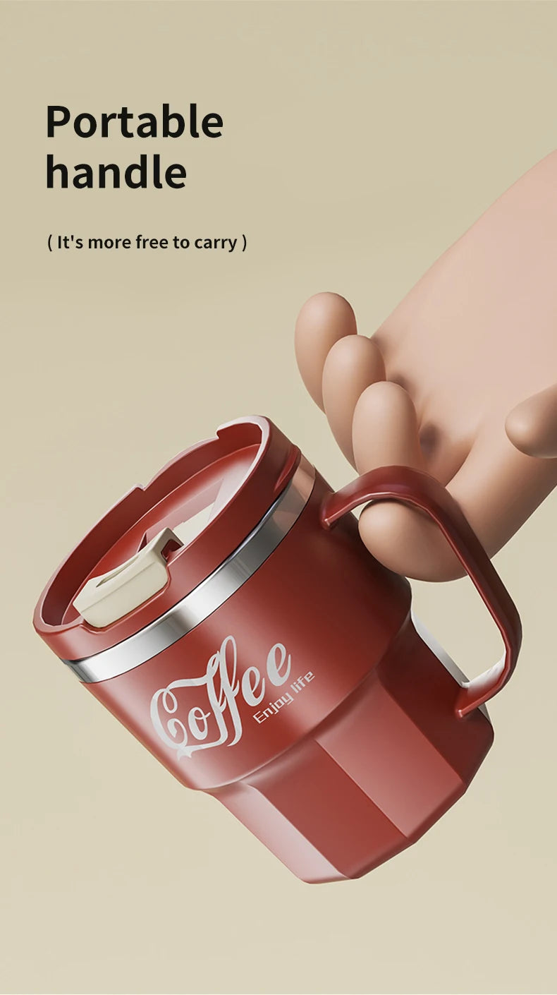 Taza de café WORTHBUY con tapa y asa, de acero inoxidable 304, para té, leche y café, con doble pared aislante y protección anti-quemaduras.