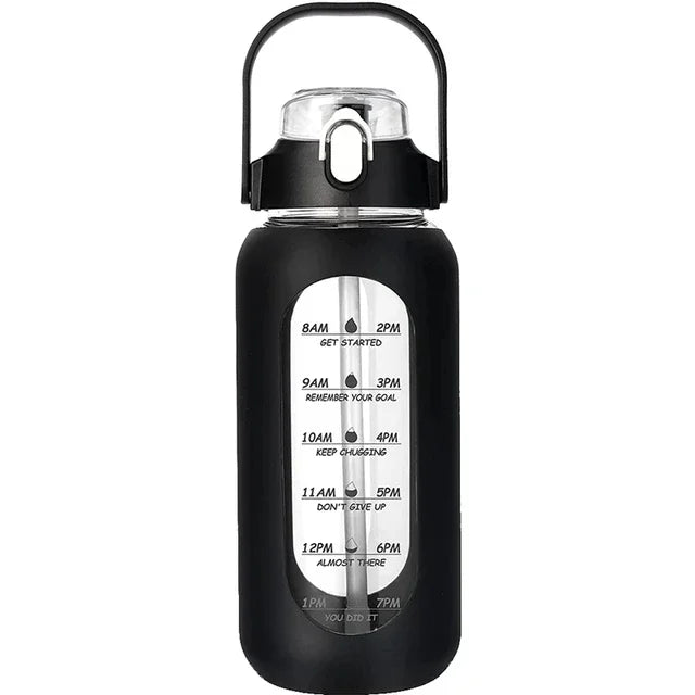 Botella de vidrio nueva de 946 ml/1656 ml/1892 ml (modelo 2024) con funda de silicona para pajita y marcador de tiempo. Ideal para camping, hogar, oficina y gimnasio.
