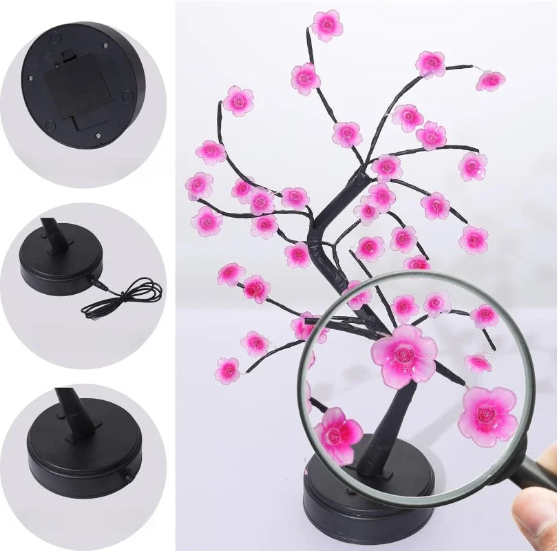 Lámpara de mesa con forma de árbol, alimentada por USB/pilas, con interruptor táctil, bonsái artificial de cerezo en flor, lámpara de escritorio LED decorativa.