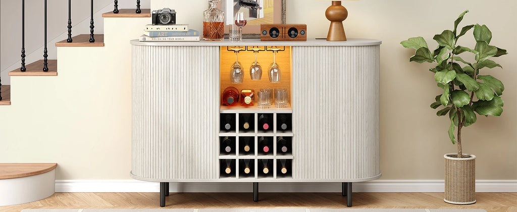 Wine Bar Cabinet w/ LED Light,Liquor Cabinet for Home,Coffee Bar Cabinet w/ Wine Rack & Glass Holder,Walnut Buffet Sideboard