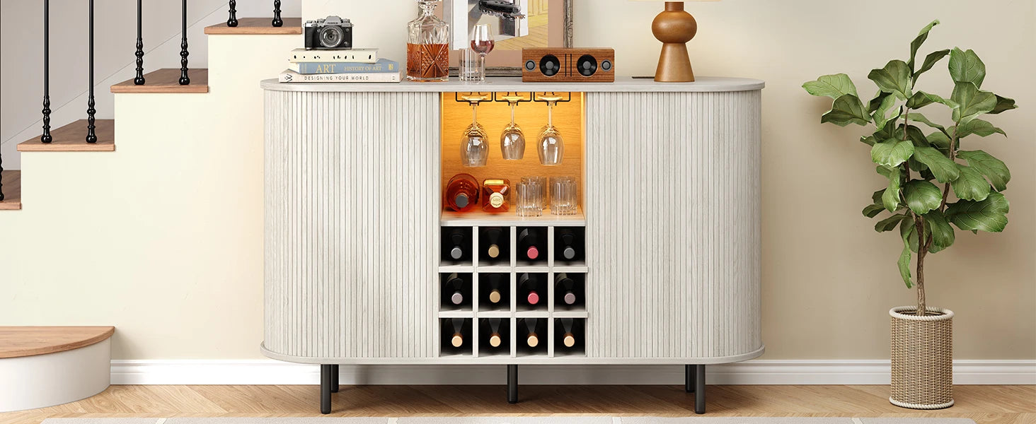 Wine Bar Cabinet w/ LED Light,Liquor Cabinet for Home,Coffee Bar Cabinet w/ Wine Rack & Glass Holder,Walnut Buffet Sideboard