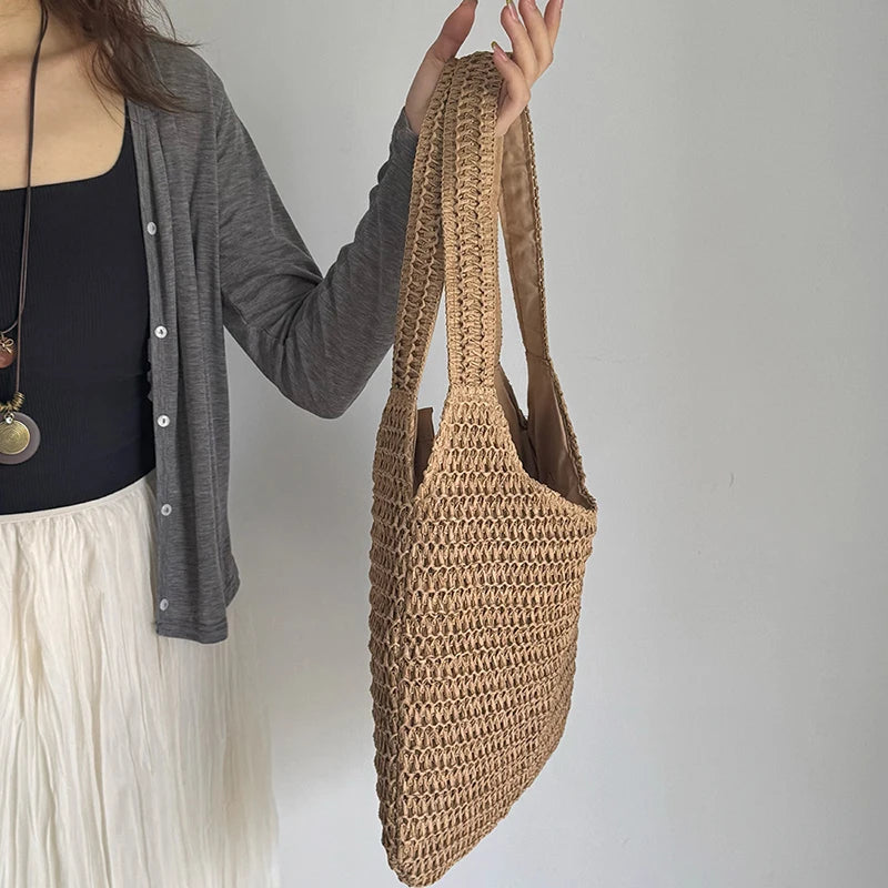 Bolsos de hombro de ratán para mujer, bolsos de mano tejidos para mujer, bolsos de paja de gran capacidad para la playa de verano, bolsos de mano informales.
