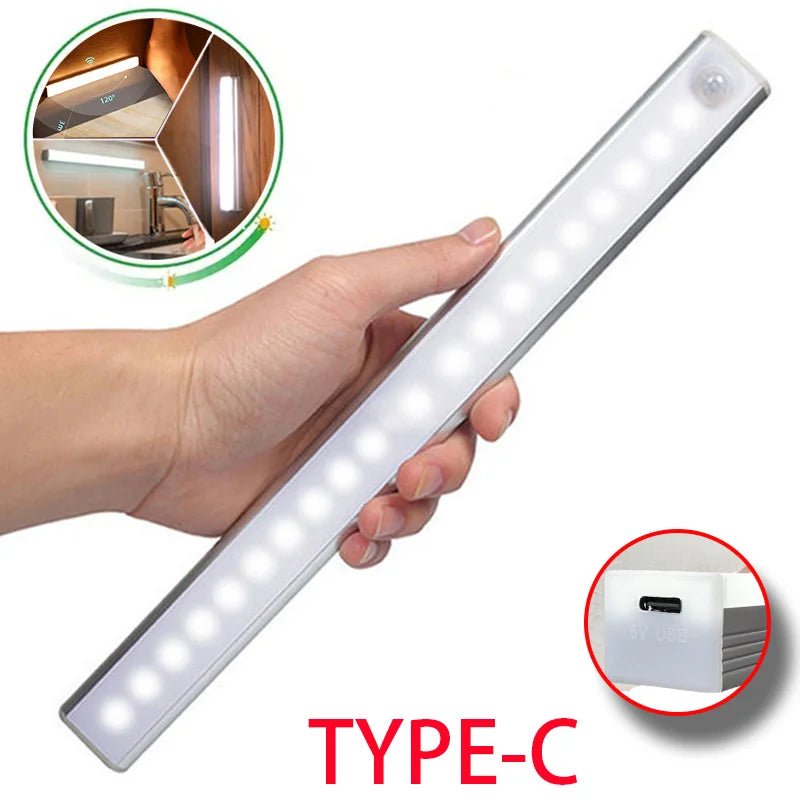 Luz con sensor de movimiento, luz nocturna LED inalámbrica, luz recargable tipo C, lámpara para armario, lámpara de armario, retroiluminación de escalera para cocina LED