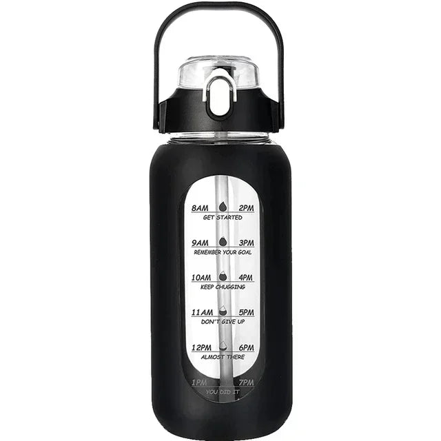 Botellas de agua de vidrio de 1000 ml con pajita, botella de vidrio con funda de silicona y marcador de tiempo, para gimnasio, camping, hogar y oficina.