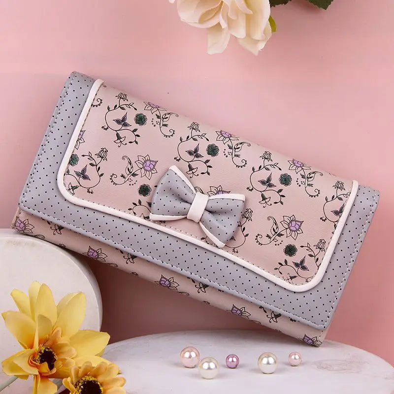 Cartera japonesa lolita para mujer, estilo casual, larga, de gran capacidad, con lazo, plegable, con tres compartimentos, linda y dulce, para tarjetas.