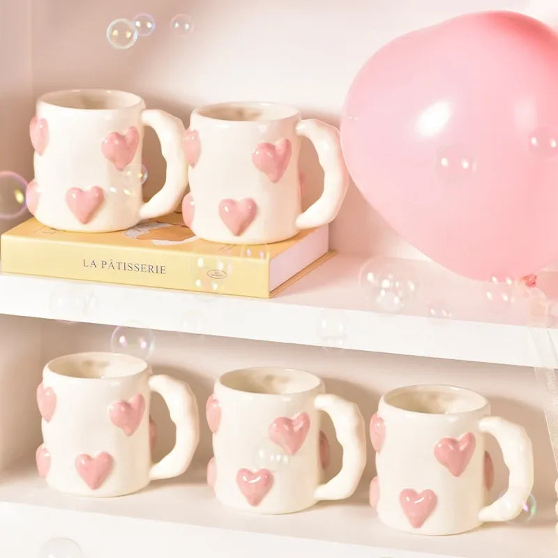 Taza de cerámica rosa con forma de corazón de AhunderJiaz, juego de tazas de café para el hogar, juego de utensilios de cocina, regalo de cumpleaños, decoración del hogar.