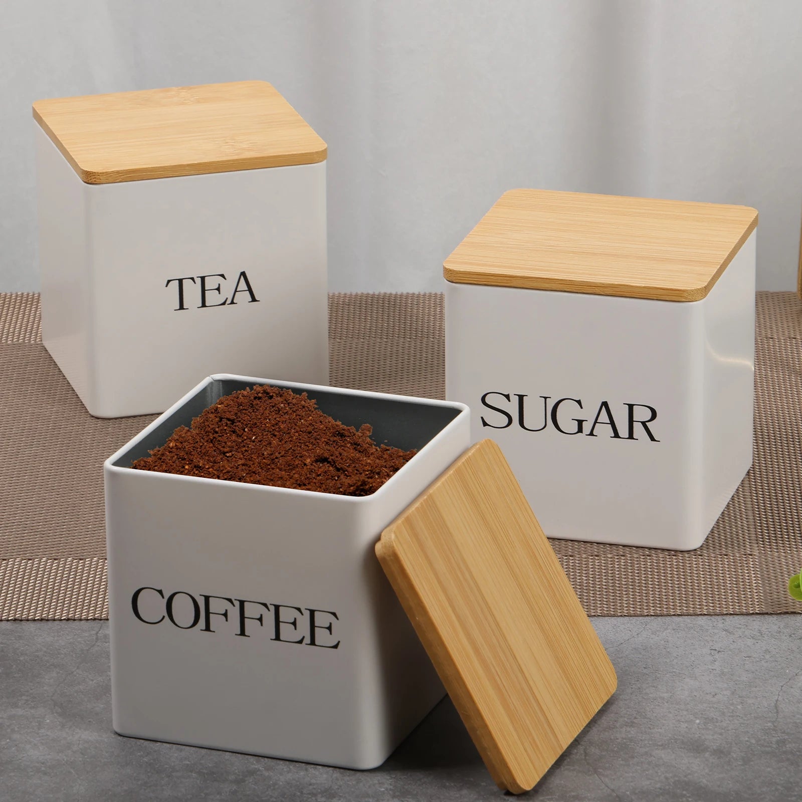3 botes de almacenamiento para granos de café, té y azúcar, con cierre hermético al vacío. Botes de hierro para cocina con tapa hermética.