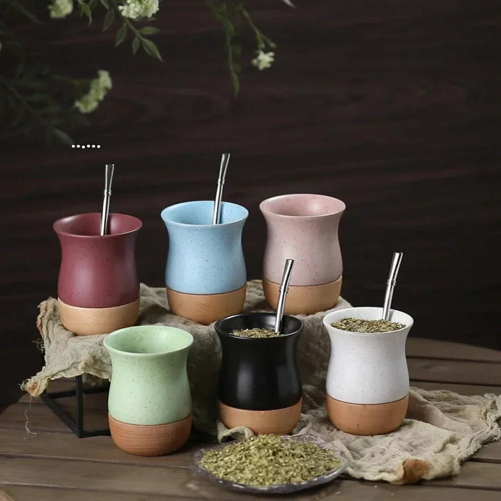 Mate   de acero inoxidable y cerámica con pajita 260 ml, cuchara y base de madera para leche, agua y té.