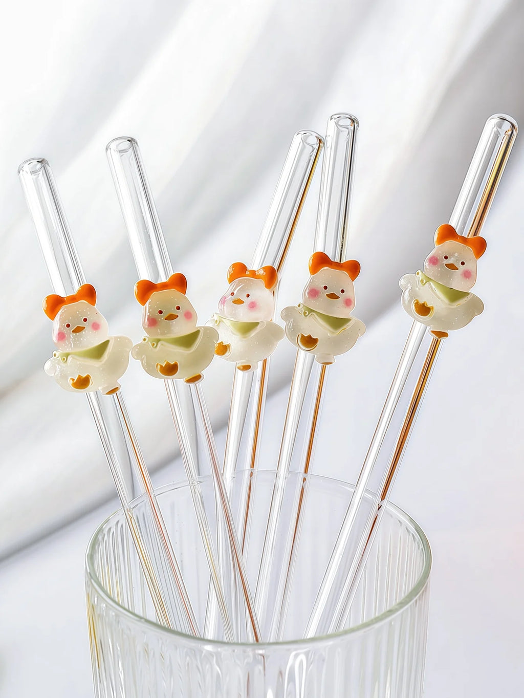 Pajita de vidrio curvada transparente, diseño de pato alegre de dibujos animados, ideal para batidos, té de frutas, agua con burbujas y cócteles. Regalo perfecto.