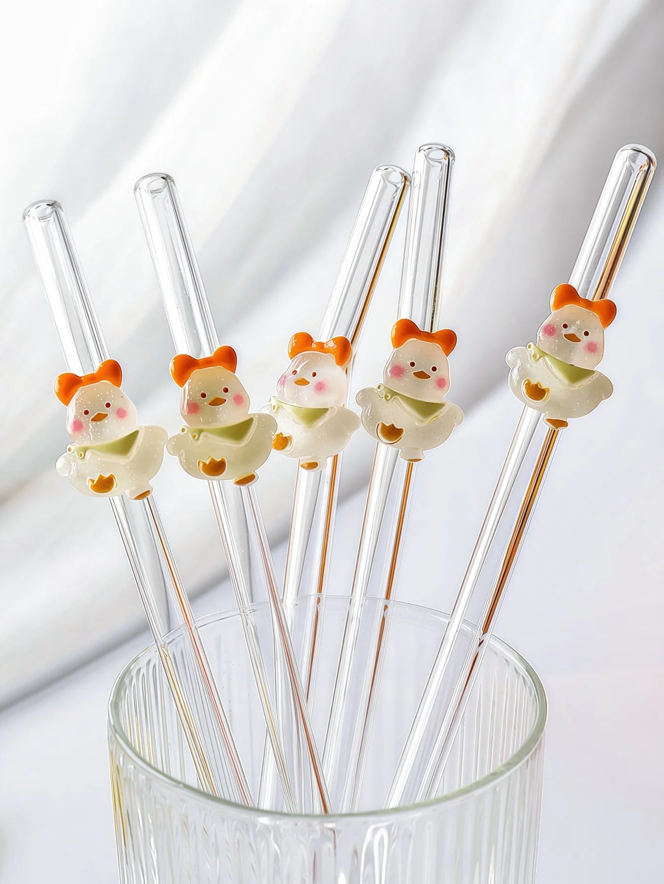 Pajita de vidrio curvada transparente, diseño de pato alegre de dibujos animados, ideal para batidos, té de frutas, agua con burbujas y cócteles. Regalo perfecto.