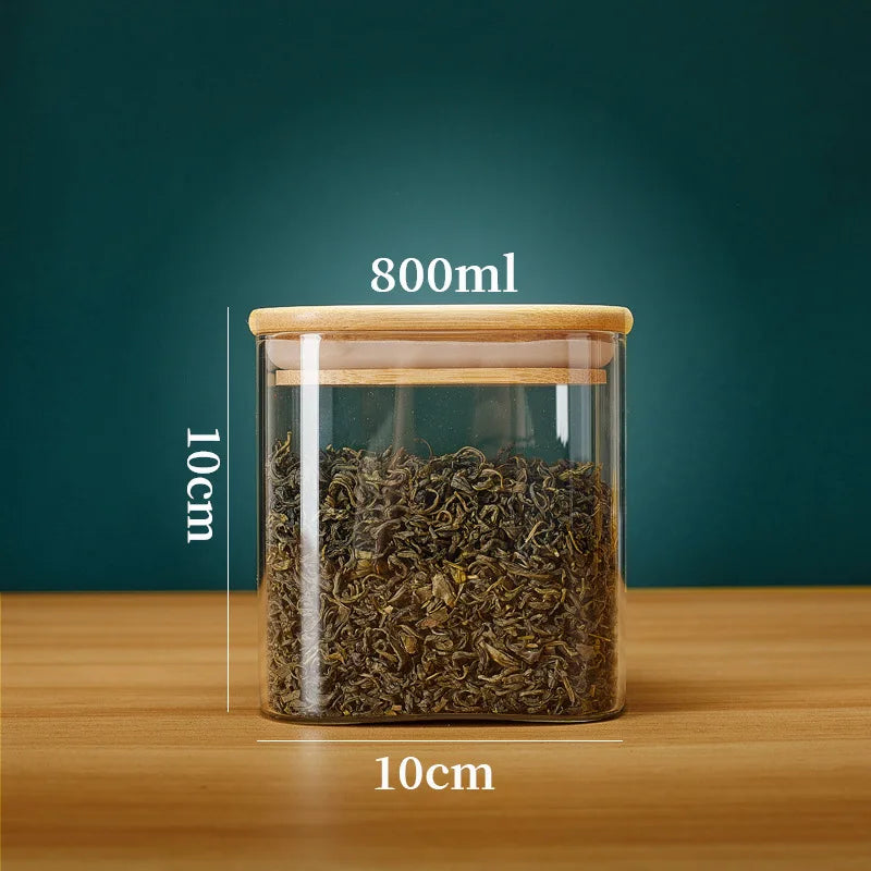Tarros de vidrio cuadrados con tapa de bambú para almacenar granos de café, cereales, fideos y otros alimentos. Organizadores de cocina.