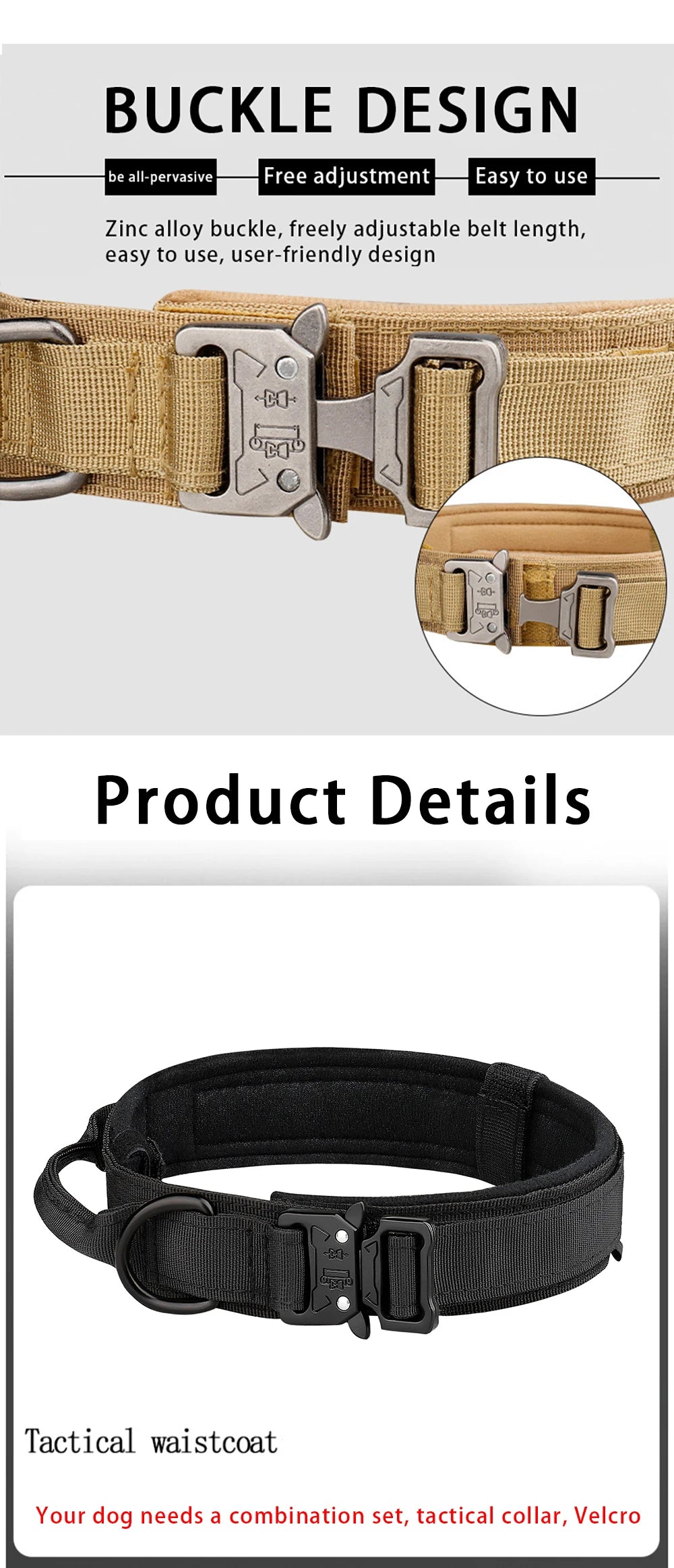 Collar táctico para perros de exterior con hebilla metálica, transpirable, de nailon, para entrenamiento de perros medianos y grandes.