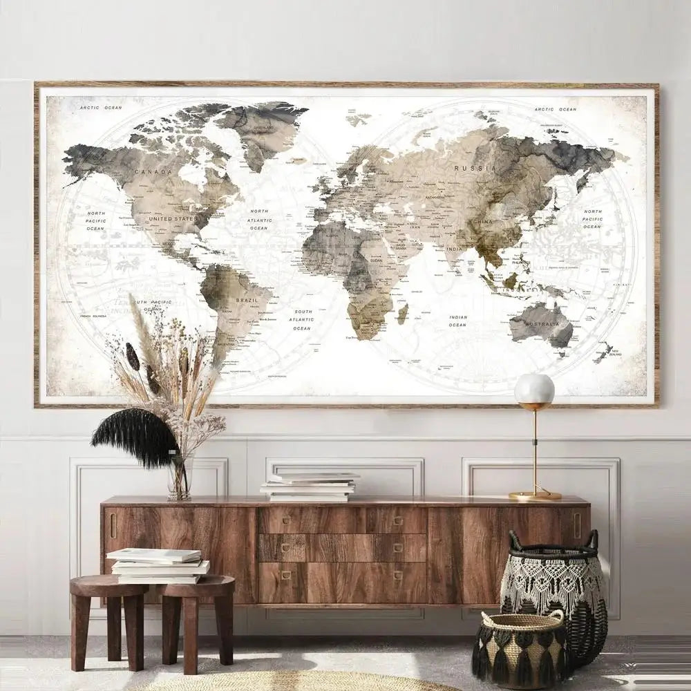 Arte en lienzo de mapa mundial moderno Póster decorativo para paredes de sala y dormitorio